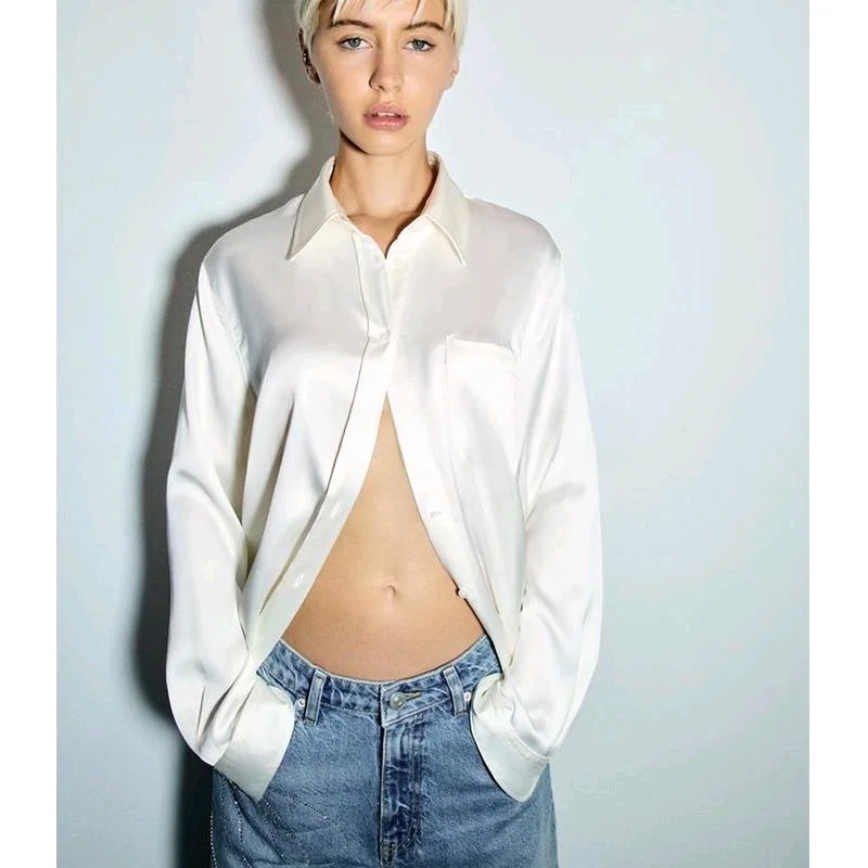 봄 신착 여성 캐주얼 실크 새틴 느낌 슬림 피트 스트레이트 레그 셔츠 품질 세련된 긴 소매 칼라 블라우스