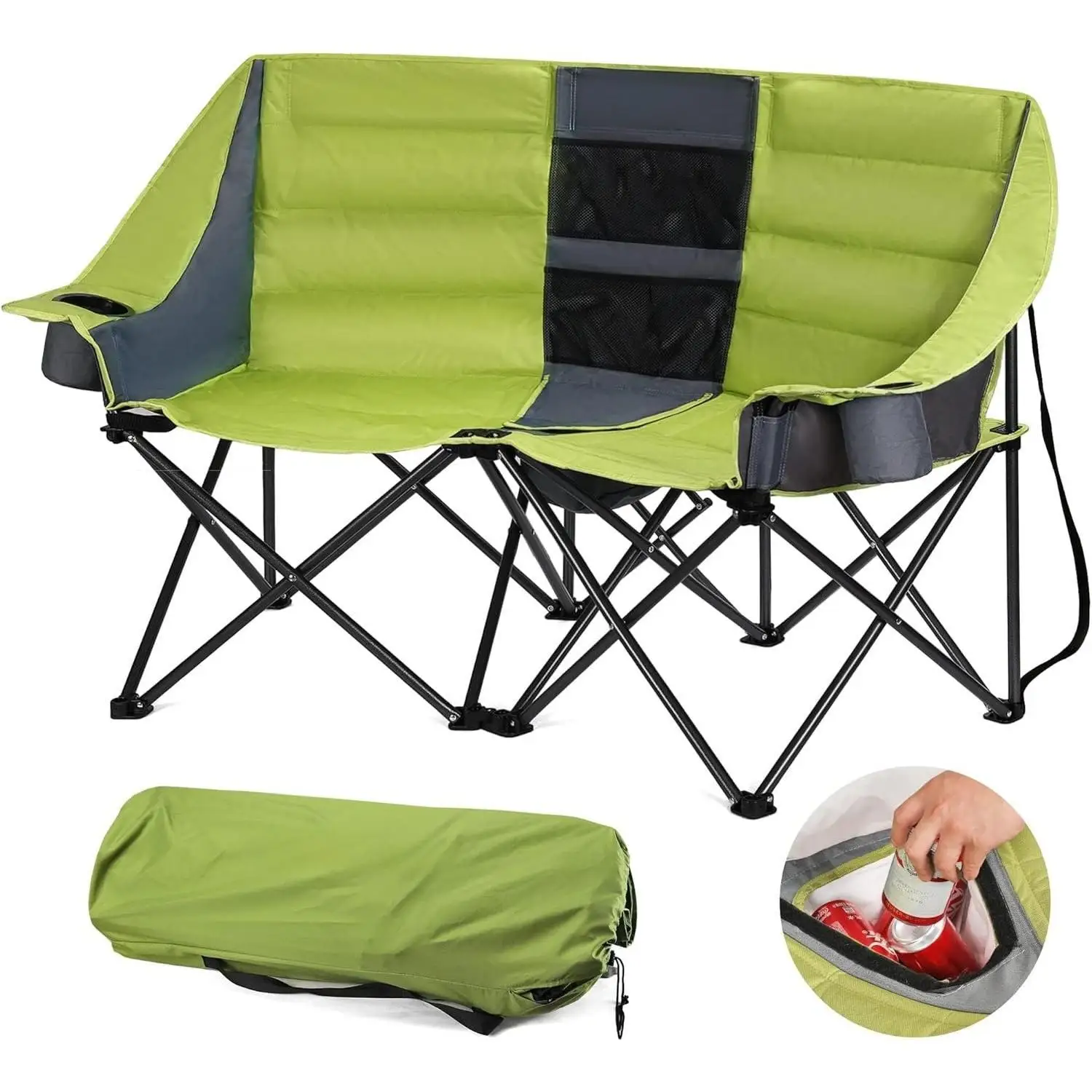 double camping chairs-Double Camping Chair w/Cooler Bag, Extra Wide Loveseat, Heavy Duty Padded Camping Couch, Portable Folding