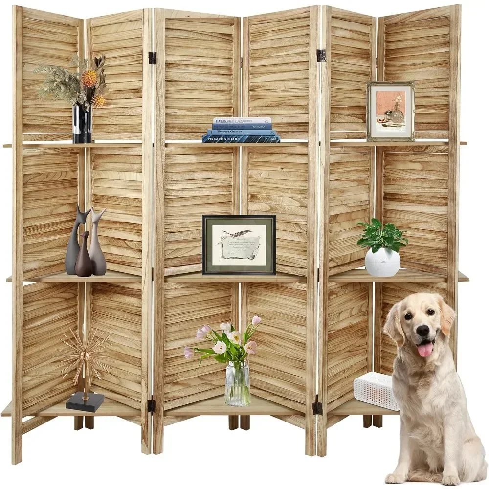 Wood Folding Room Divider Screen, Room Divider with Shelves and Easy Move Partition, Freestanding Room Screen Divider