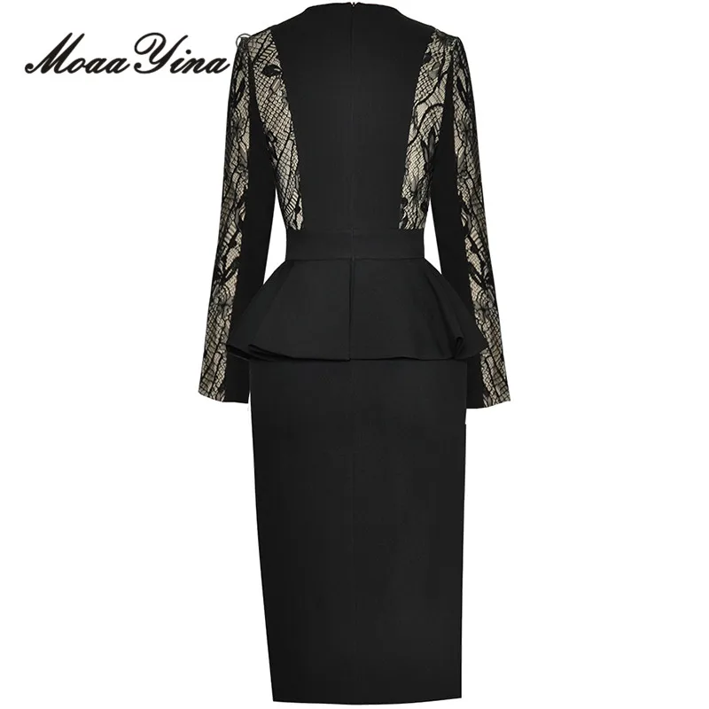 MoaaYina Autumn Fashion Designer Black Vintage Spliced Dress Women's Square Collar Lace Diamond Package Buttocks Slim Long Dress