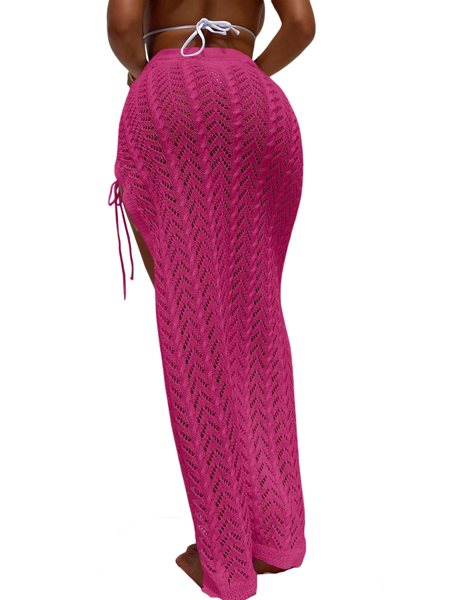 กระโปรงคลุมโครเชต์สำหรับผู้หญิงพร้อมดีเทลผูกด้านข้างและดีเทลผ่าสูง สีทึบ ผ้าซารองชายหาดแบบโปร่งสำหรับชุดว่ายน้ำฤดูร้อน