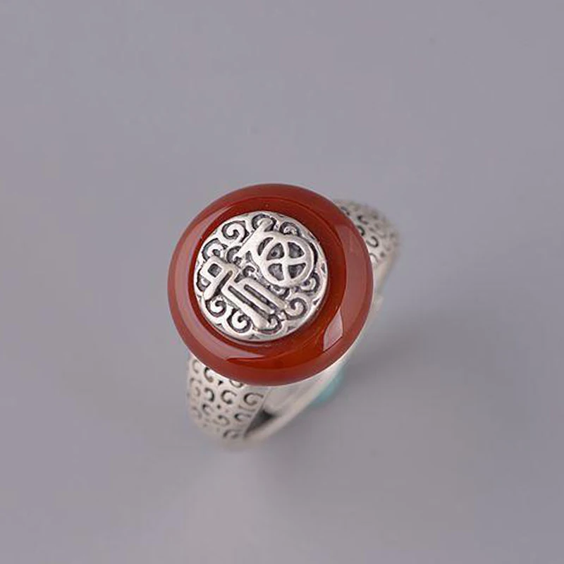 New Sterling Silver Fu Character Enamel porcelain Agate Peace Buckle Retro Charm Romantic Women Opening Adjustable Ring