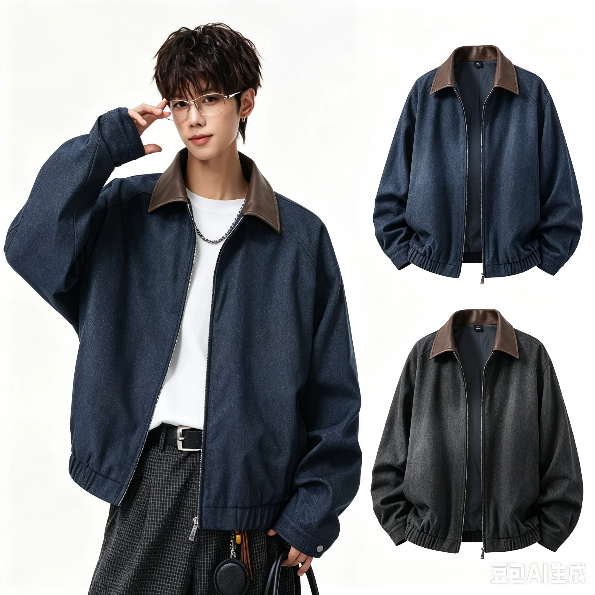 Men's-Colorblock-PU-Collar-Denim-Style-Jacket-Loose-Fit-High-Stretch-Fabric-Casual-Urban-Streetwear-Outerwear
