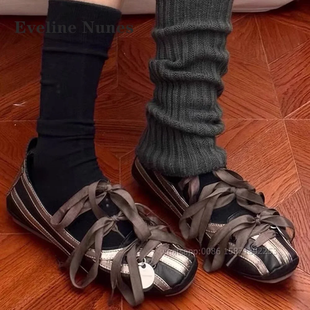Bow Lace Up Mary Janes Square Toe Flat with Slip On Splicing Lady Sandals Mixed Colors Shallow Metal Decoration Retro Pumps 2024