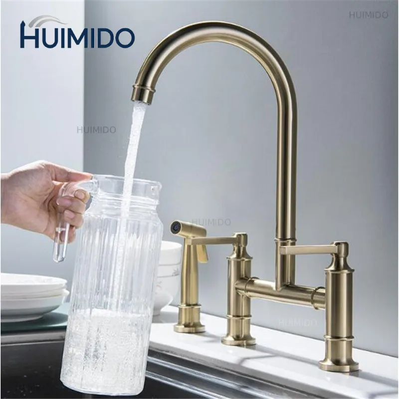 Brushed Gold Kitchen Faucet with Hand shower Head Pot Filler Tap Deck Mounted Hot Cold  Black Sink Tap Spout  Brass