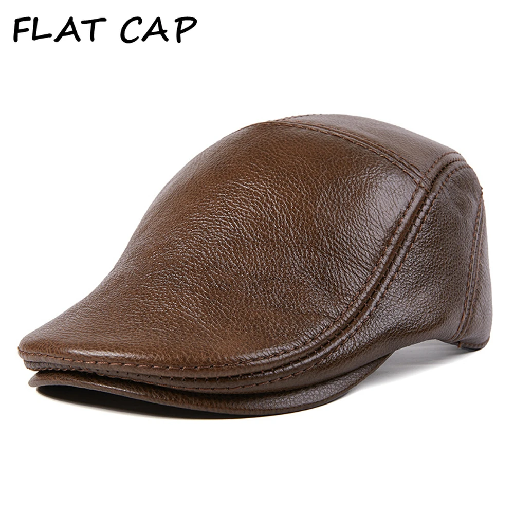 

FLAT CAP Brown Mens Beret Irish Peaked Cap Winter Newsboy Cowskin Genuine Leather Warm Retro Adjustable Driving Ivy Male Hat