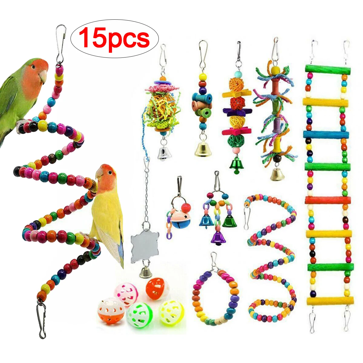 Newest 15 Piece Set of Bird Supplies Parrot Toy Combination Climbing Ladder Beads Rotating Bell String Gnawing Relaxing Toys