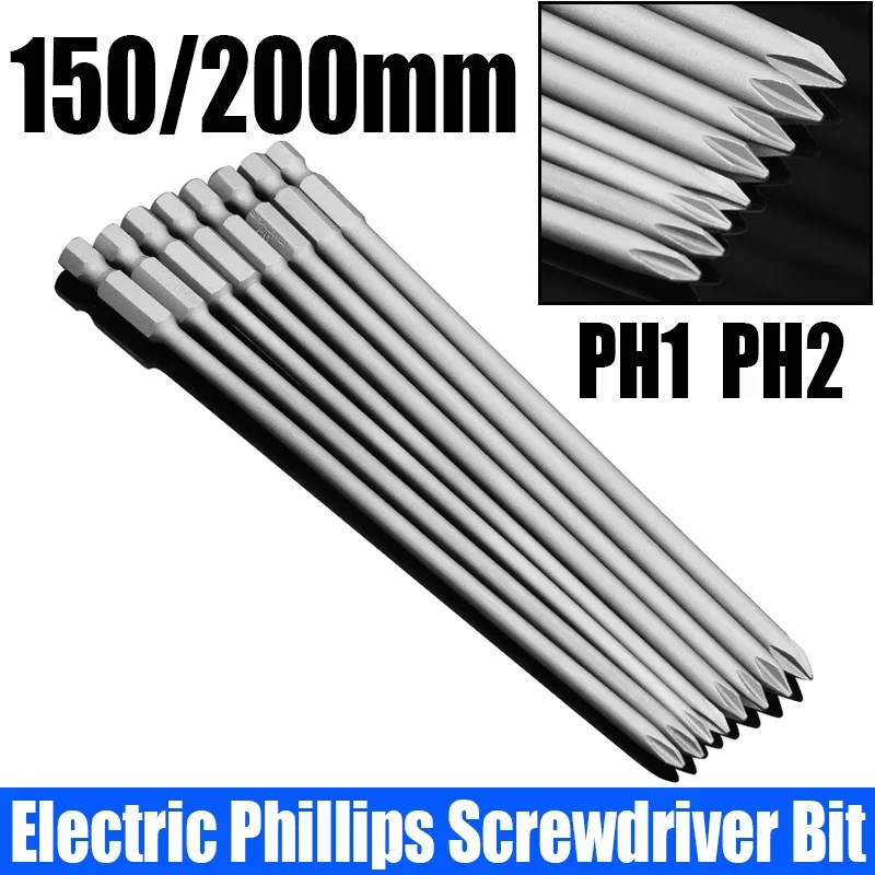

1PCS 150/200mm Electric Phillips Screwdriver Bit PH1 PH2 Strong Magnetic Batch Head Extended Cross Screwdriver Bit Impact Driver