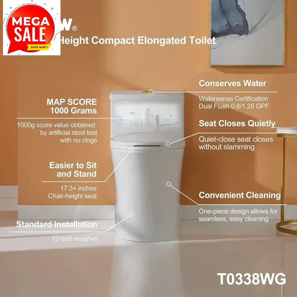 

Hot-sellingT0338WG One Piece Toilet with Gold Button, Elongated Toilet with Comfort Seat Height, ADA Chair Height 17.3", Dual Fl
