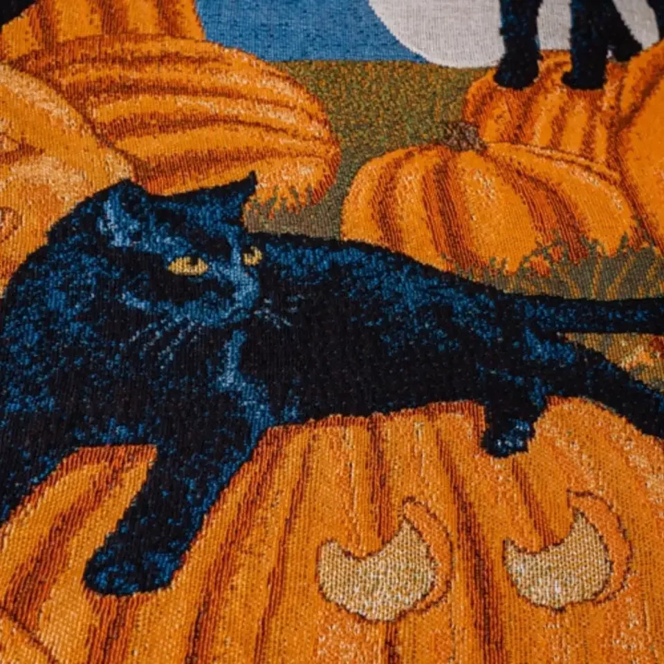 Halloween Black Cat Pumpkin Throw Blanket Spooky Fringed Woven Tapestry Themed Decor for Sofa Cozy Autumn/Winter Couch Cover