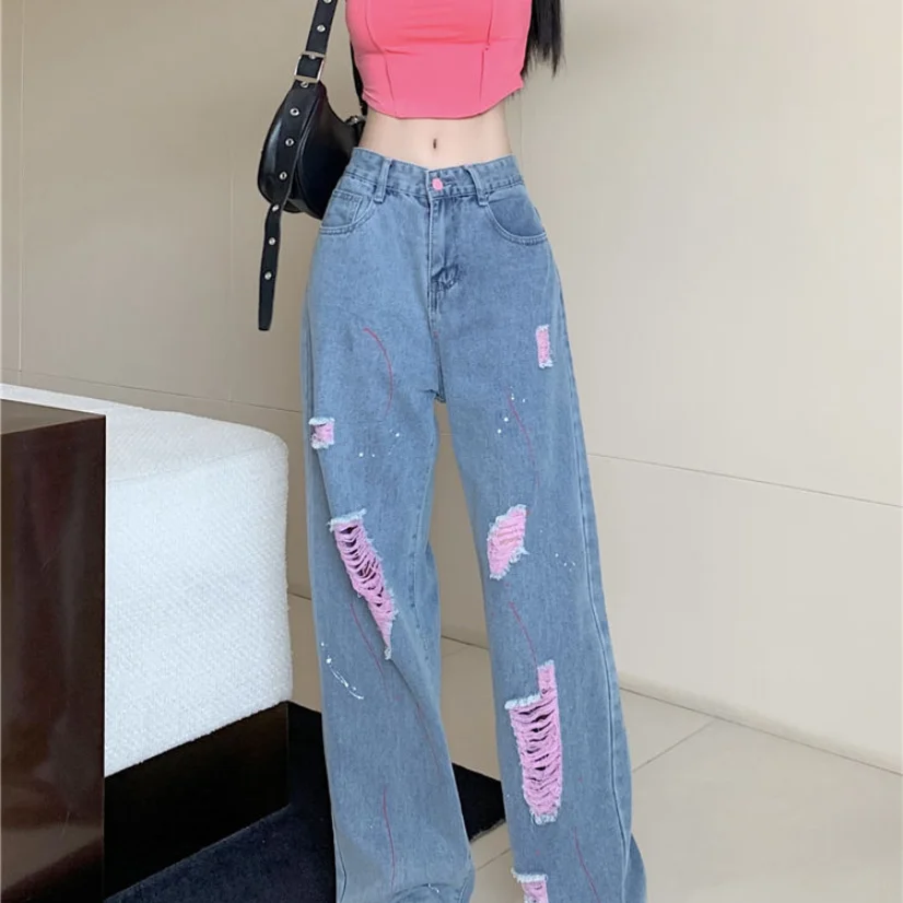 Jeans for Women with Torn Holes 2023 Spring/Summer New High Waist Slim Loose Casual Straight Leg Wide Leg Pants Trend