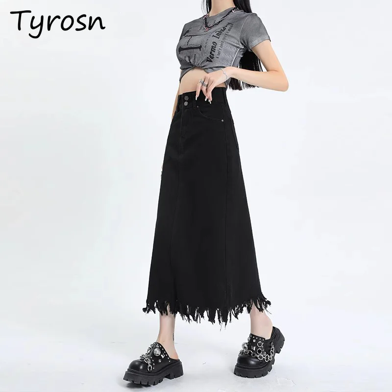 Raw Edge Denim Skirts Women Autumn High Waist Slim Design Midi-Length Button Korean Popular Elegant All-match Fashion Washed