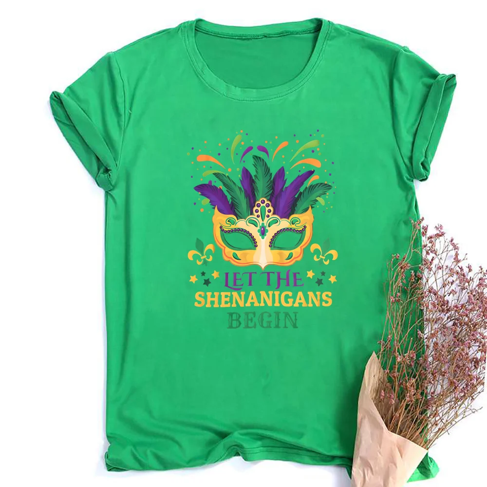 Camisa de Mardi Gras Deixe os Shenanigans comemem camisas femininas manga curta máscara de Mardi Gras camiseta máscara gráfica engraçada camiseta superior
