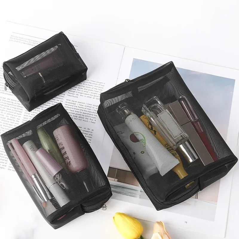 1PCS Clear Cosmetic Bags Women Black Mesh Makeup Bags Travel Toiletry Organizer Lipstick Sanitary Napkin Storage Pouch