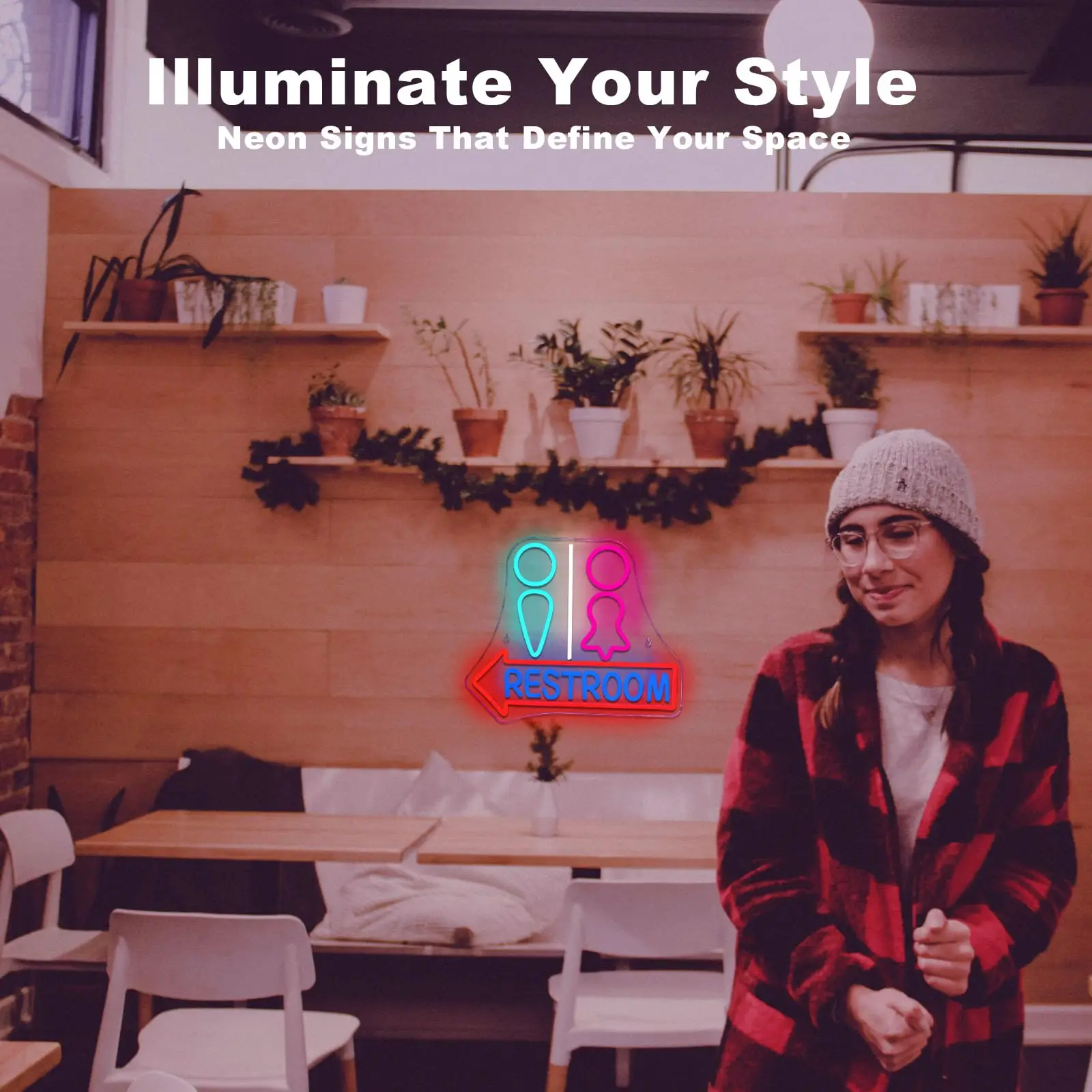 Restroom Neon Sign with Arrow – LED Gender Bathroom Sign, Wall Decor Light for Bar, Restaurant, Business, Home