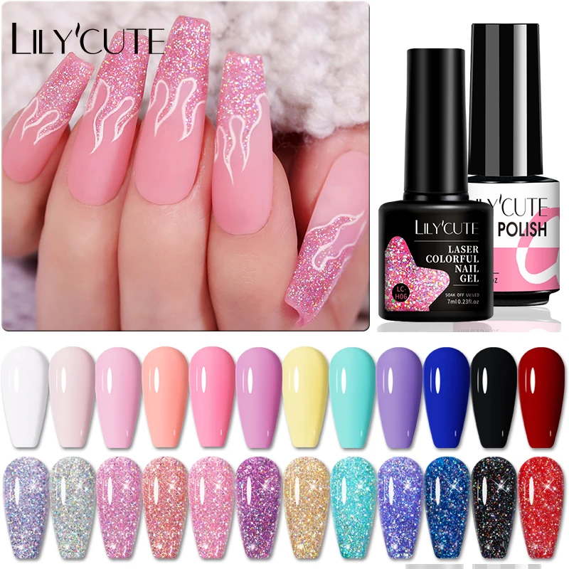 LILYCUTE 7ml Pink Shiny Gel Glitter Laser Gel Nail Polish Vernis Semi Permanent Sequins Nagellak UV Gel Nail Art Gellac Enamel