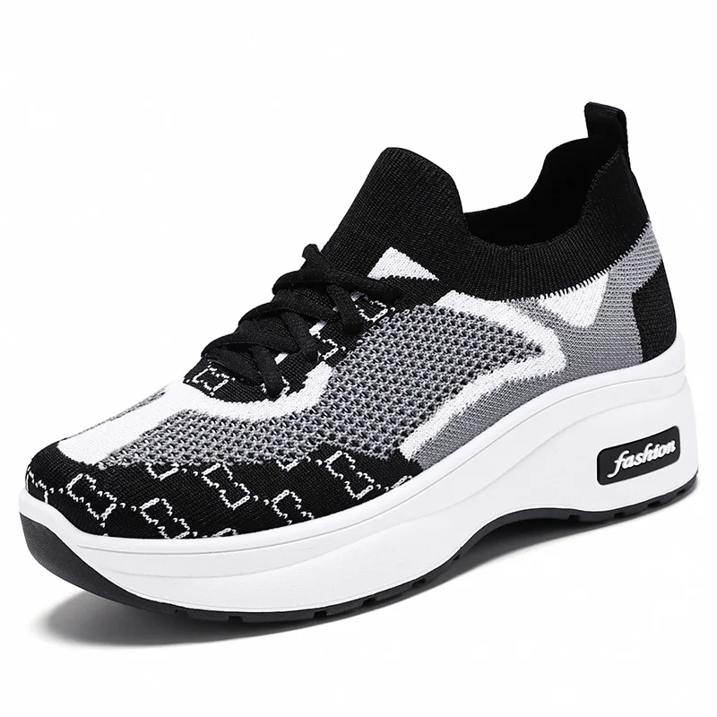 Women circular casual breathable anti slip clothing, elastic sports shoes, black woman lazy increase outdoor sports casual shoes