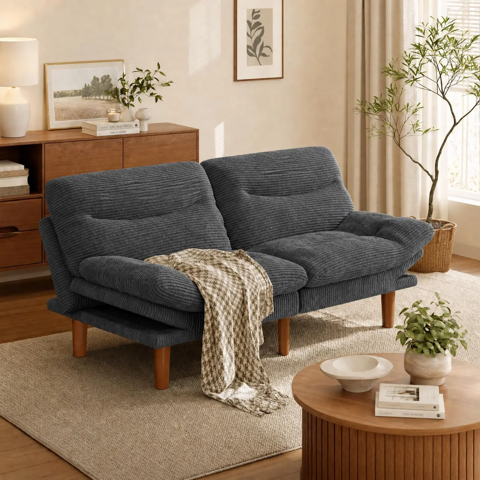 Amada Convertible Corduroy Futon Sofa Bed, 66 inch, Gray
