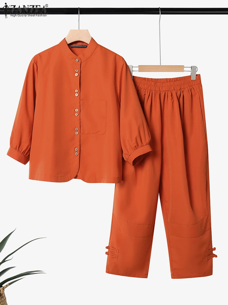 ZANZEA Women Casual Loose Sets Vintage 3/4 Sleeve Shirts Elastic Waist Loose Pants Solid Women Matching Sets 2025 Autumn Suits
