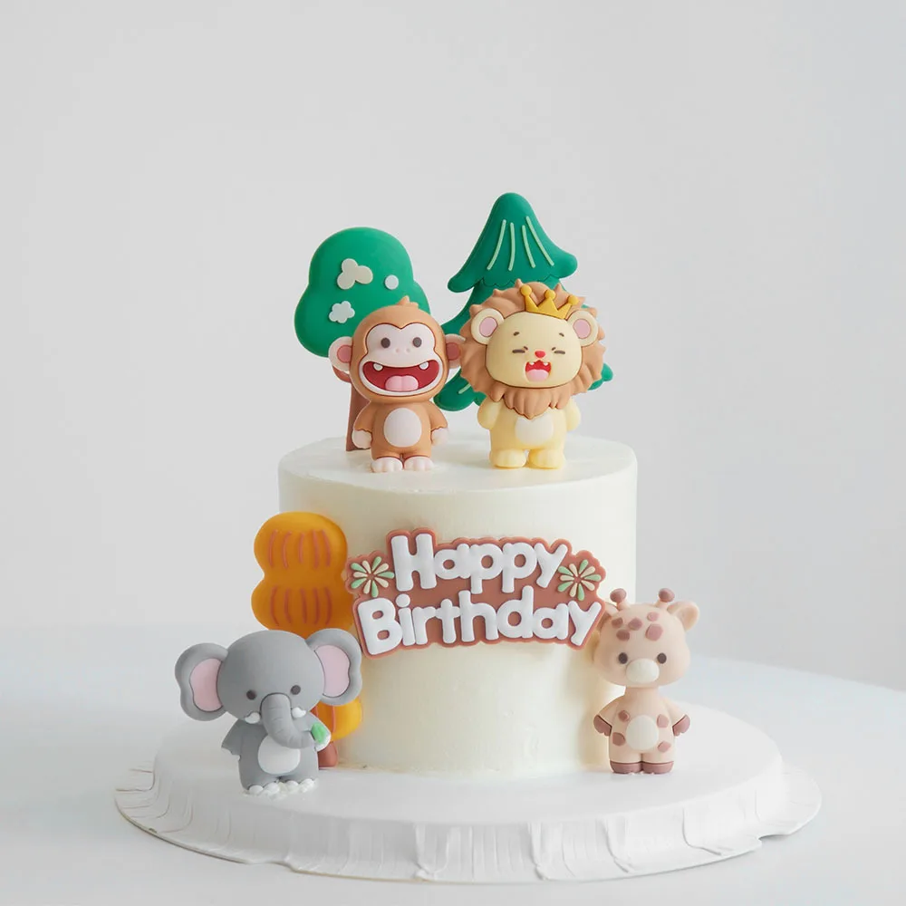 Kuchenaufsatz mit Waldtiermotiv, Affe, Löwe, Giraffe, Elefant mit Regenbogenbaum, Tischdekoration für Babyparty, Geburtstagsfeier – Detail 2