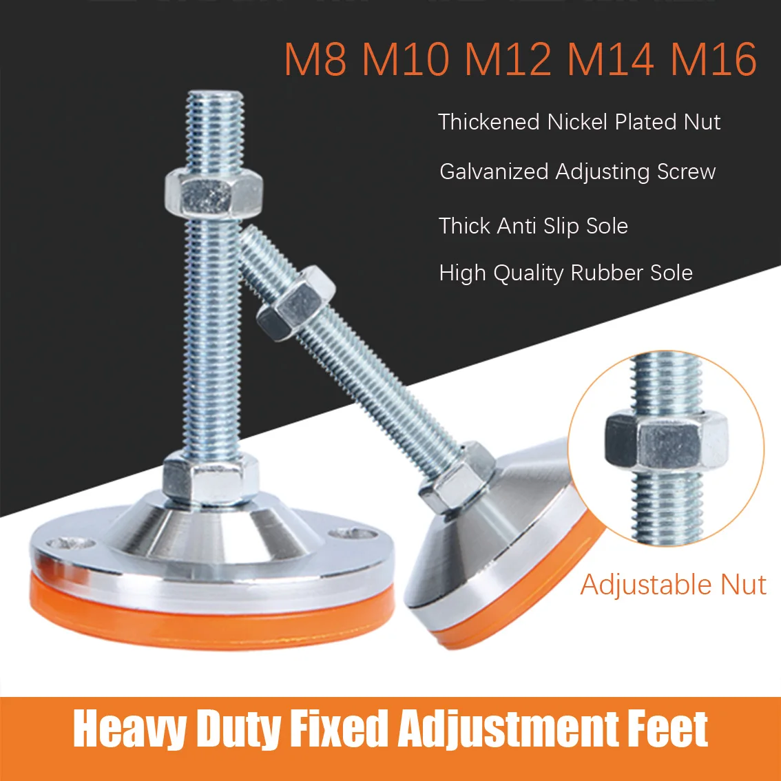 1Pcs Heavy-Duty Adjustable Foot Screw Steel Base Dia 40mm 50mm 60mm Rubber Bottom M8 M10 M12 M14 M16 Furniture Leveling Feet Pad