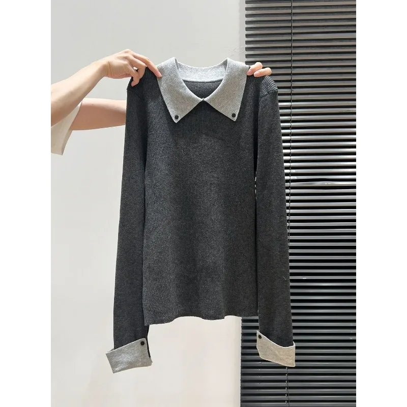 

Модные корейские вязаные топы, женские осенние и зимние праздничные двухсекционные свитера, рубашка контрастного цвета