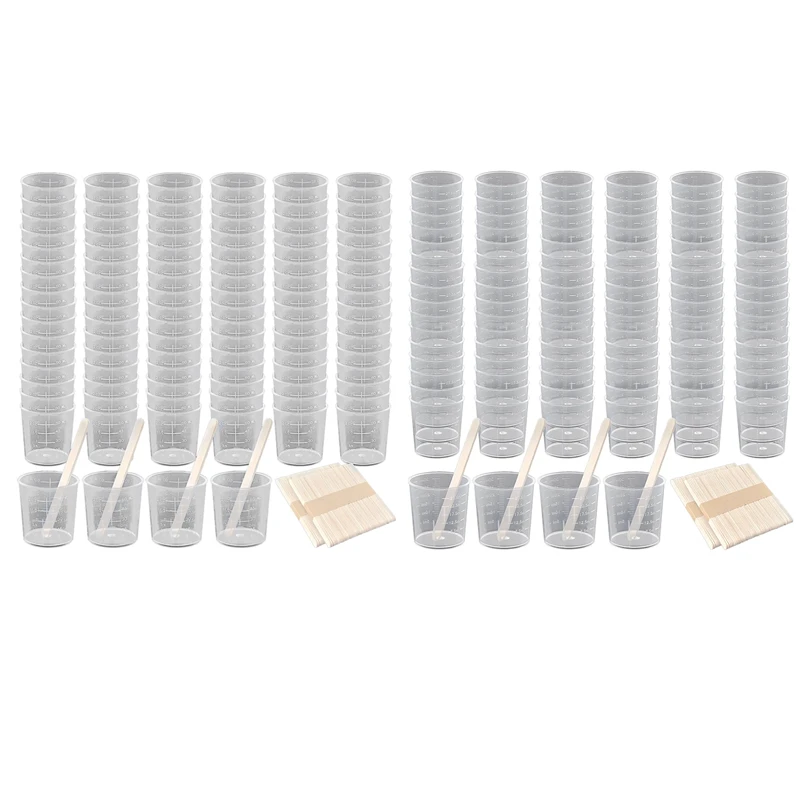 100 Pack Plastic Graduated Cups Transparent Scale Cups Clear Epoxy Mixing Cups With 100 PCS Stirring Sticks