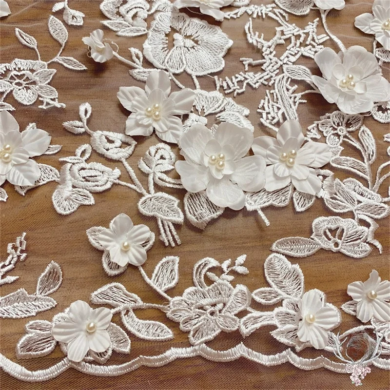 1 Yard Ivory Beading 3D Petals Bridal Lace fabric embroidery lace applique for Dress wedding DIY material Bridal Sewing