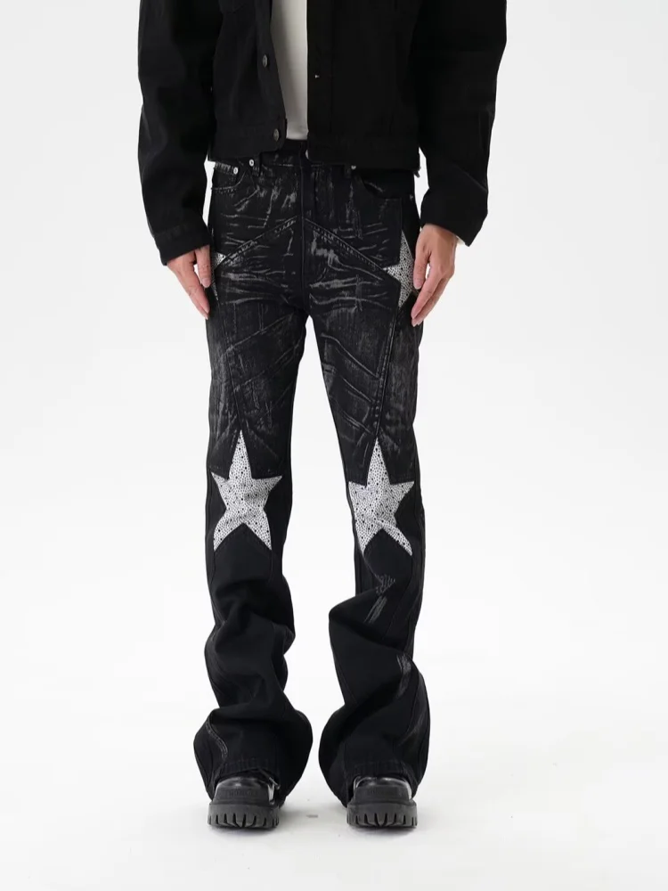 2025 American Retro Y2K Streetwear Star Embroidery Washed Black Slim Jeans Pants For Men Clothing Long Trousers Pantalon Hombre