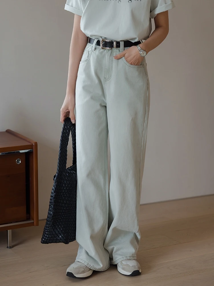 

Джинсы женские с высокой талией и широкими штанинами, весенние, новые, свободного кроя, светло-голубые, прямого кроя, джинсовые брюки, свободные джинсы с высокой талией для женщин...