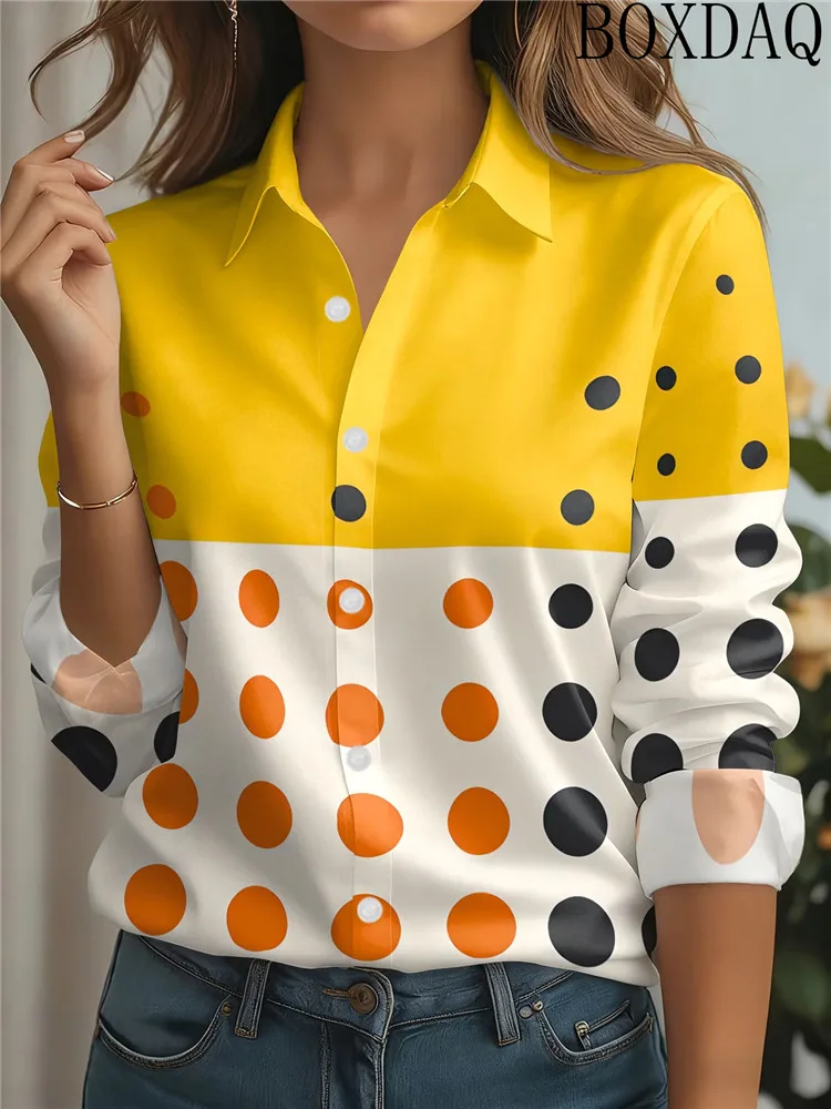 Autumn Women's Polka Dot Abstract Pattern Printed Shirt Casual Lapel Button Long Sleeved Blouse 2026 Women's Elegant Tops
