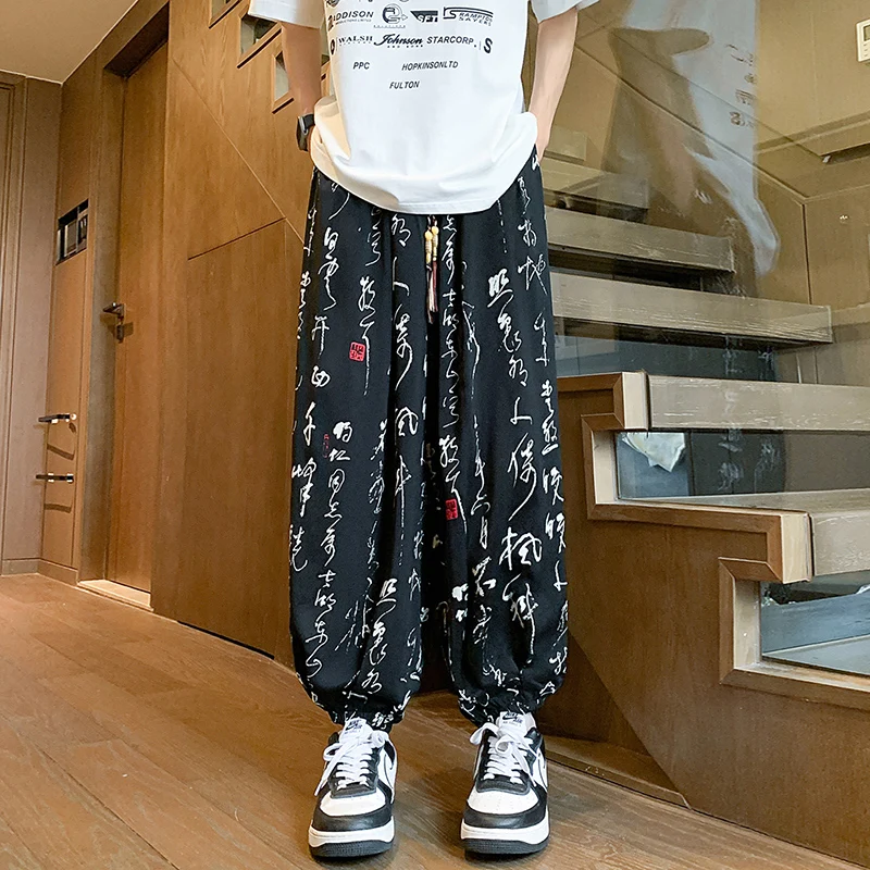 

Мужские винтажные шаровары с принтом слов, повседневная эластичная одежда с эластичной резинкой на талии и шнурком в китайском стиле, летние брюки M-XXXXXL