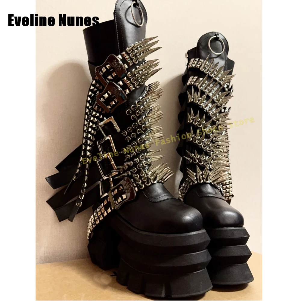 Y2K Rivet Spike Punk Motorcycle Boots Round Toe Thick Sole Platform Belt Buckle Large Size 35-47 Couple Knee High Boots Newest