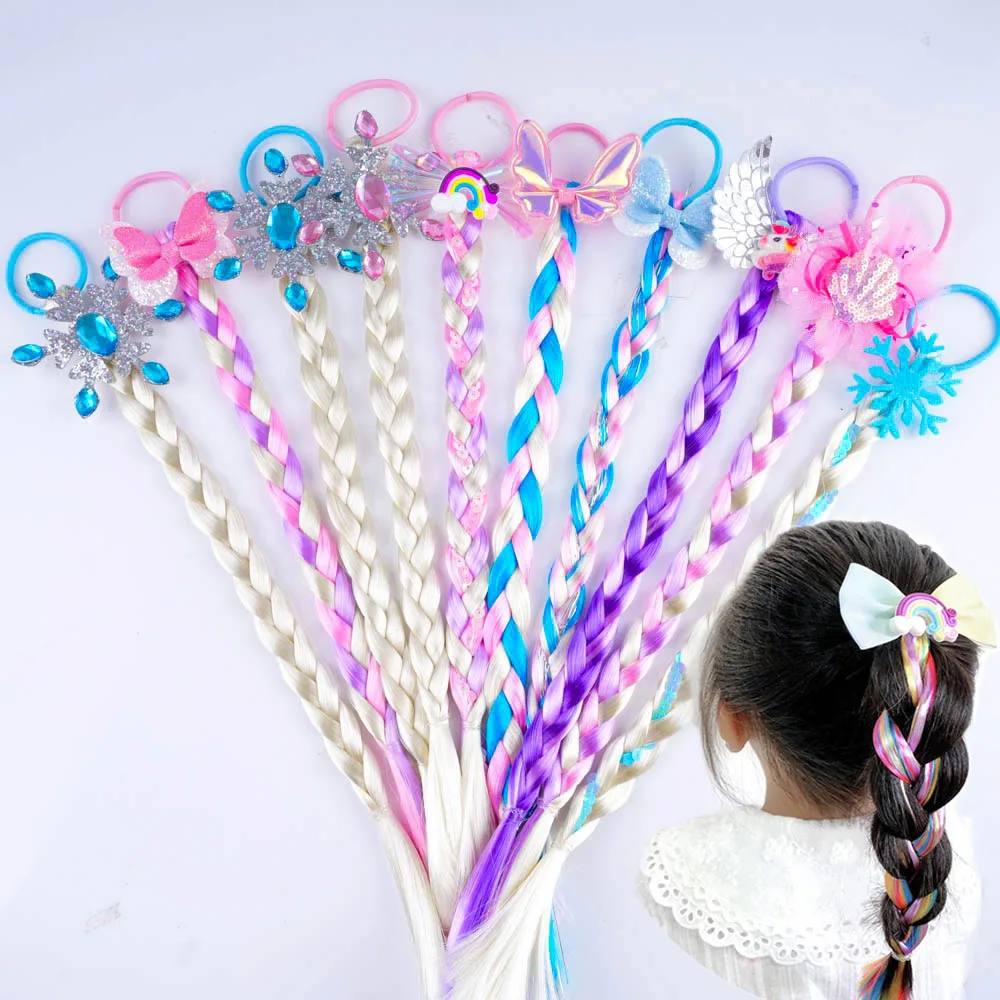 10Pcs/Lot Fashion Cute Unicorn Bow Wig Hair Clips Ponytail Rope Girl Colorful Elastic Scrunchies Headwear Accessories Party Gift