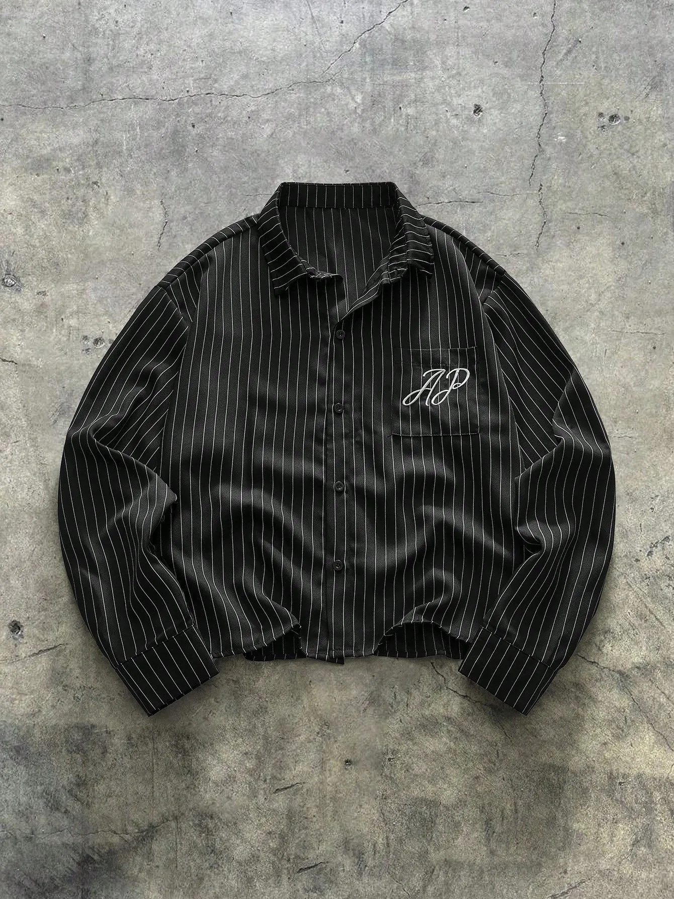 

Men's Black White Pinstripe Long Sleeve Loose Casual Shirt with Monogram Embroidery