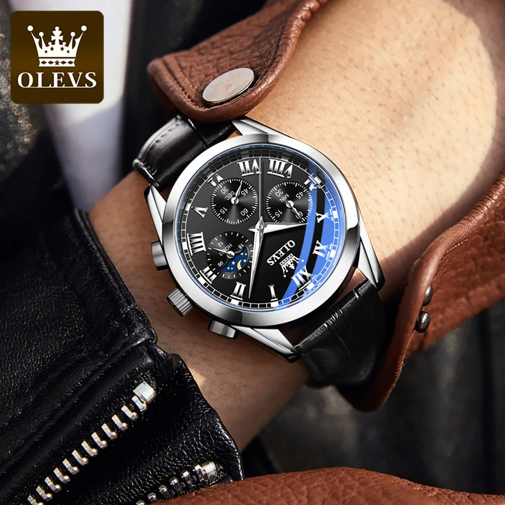 Olevs 2871 marca superior relógio de quartzo masculino noctilucent negócios à prova dwaterproof água relógio luxo pulseira couro fase da lua relogio masculino