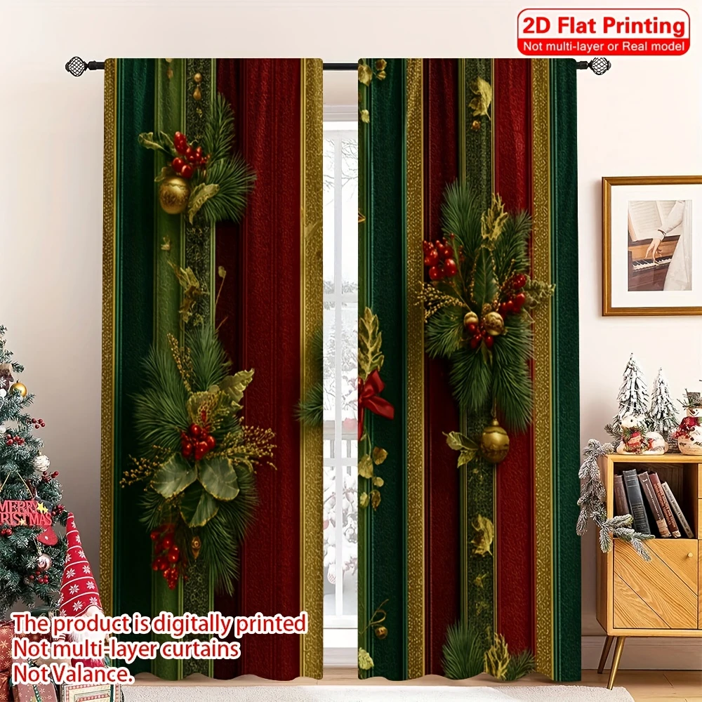 2PCS Christmas Curtains, Red Green Stripe Pine Branch Holly Berry Pattern Printed Curtains, Classic Style Window, Home Decor