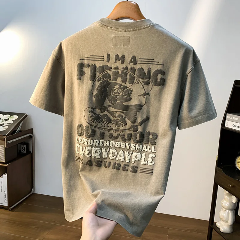 Retro vintage short sleeved T-shirt for men's spring and summer casual versatile American fashion brand printed round neck top