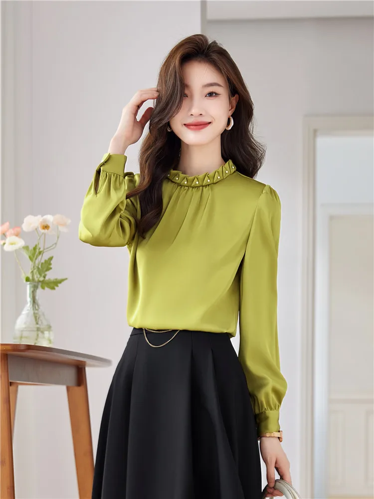 Women\'s Long Sleeve Green Blouses Office Lady Solid Shirt Stand-up Collar Elegant Pink Folds Female Loose Tops Spring New 2024