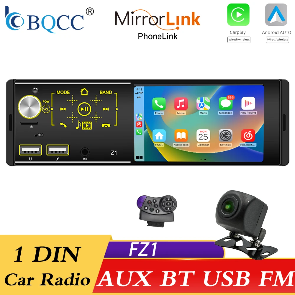 

BQCC 4.1 Inch 1DIN 60Wx4 Car MP5 Bluetooth Player with Apple Carplay Android Auto Support USB & SD Card 7 Color Light