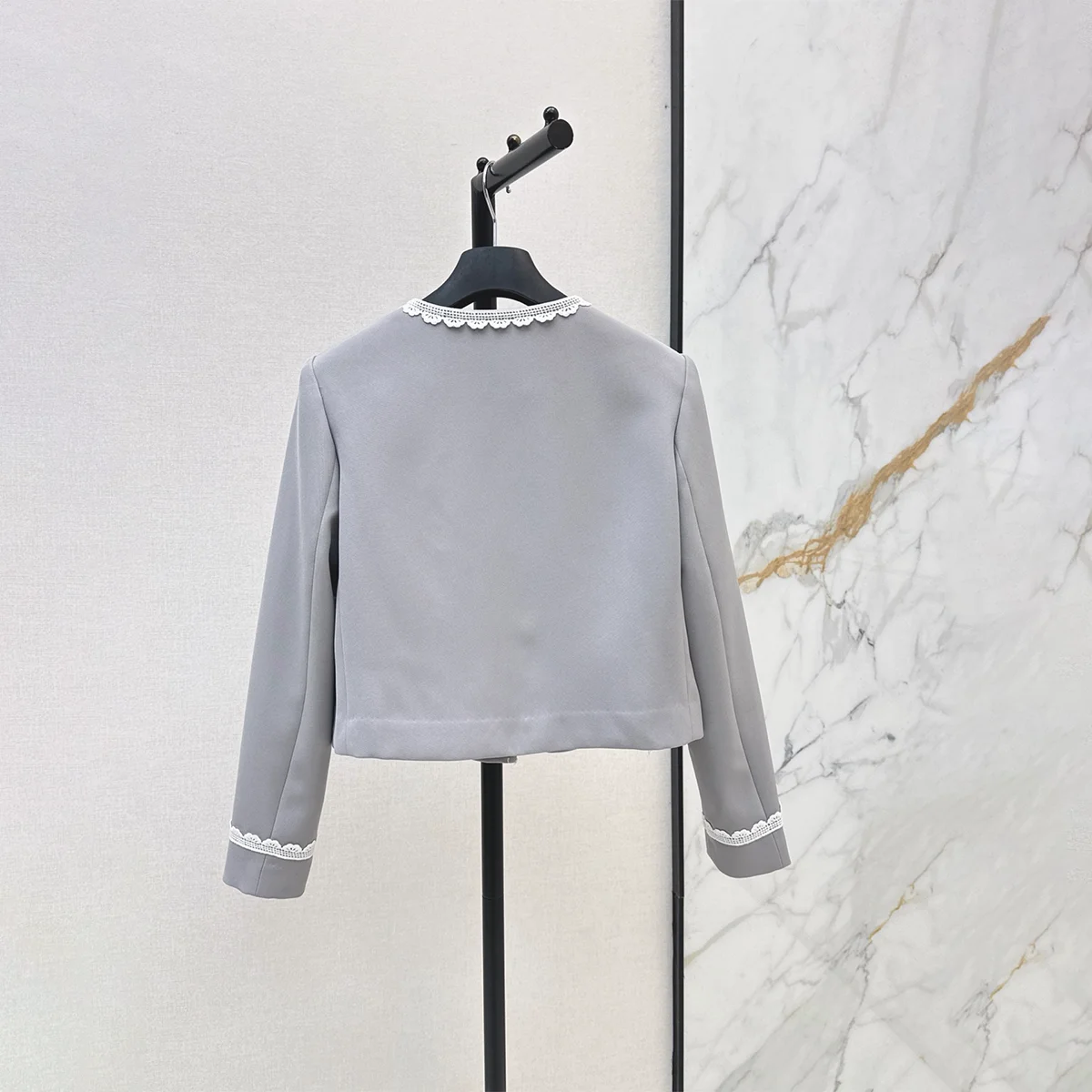 2026 high-quality women's light gray lace lace round neck jacket with gentle single breasted design--hb725