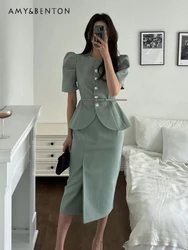 Summer New Korean Fashion Single-Breasted Short Sleeve Suit Coat A-line Skirt Two-Piece Sets Women Commute Style Business Suit