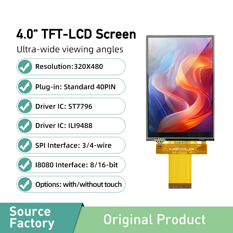 4.0-inch TFT-LCD touch screen color LCM module IPS TN MCU I8080 8/16 bit 40Pin plug-in SPI 3/4 wire ST7796 ILI9488 driver chip