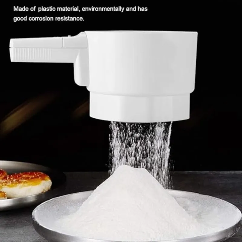 

ABUD-Flour Sifter Electric Handheld, Battery Operated Kitchen Baking Tool,White Plastic Sieve Handed Use, Keeps Kitchen Clean