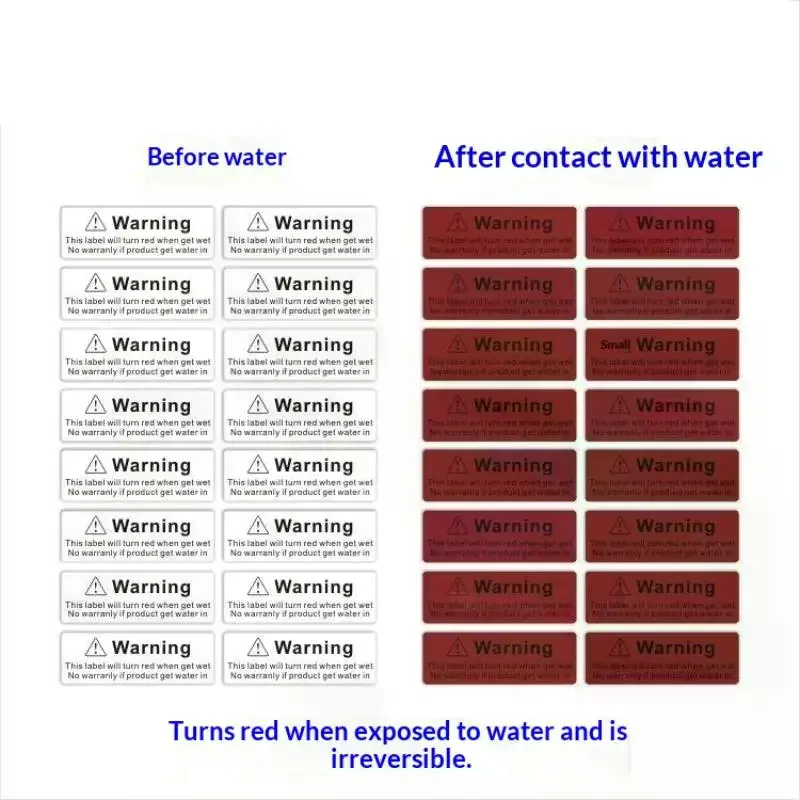100 قطعة 30x9 مللي متر تسمية كشف السائل ملصق حساس للمياه يتحول إلى الأحمر/الأزرق عندما حصلت على جهاز مبلل مؤشر الضرر المحتمل