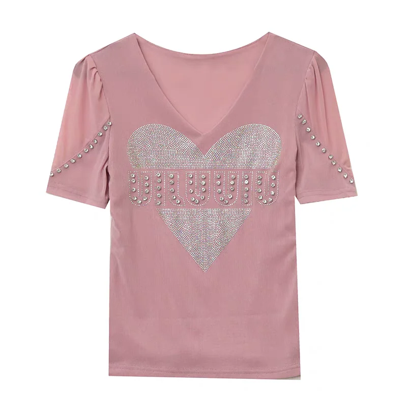 New Fashion Summer Girl Love Heart Shiny Diamonds T-shirt Chic Sexy V-Neck Short Sleeve Top Shirt Women Slim All-Match Mesh Tees