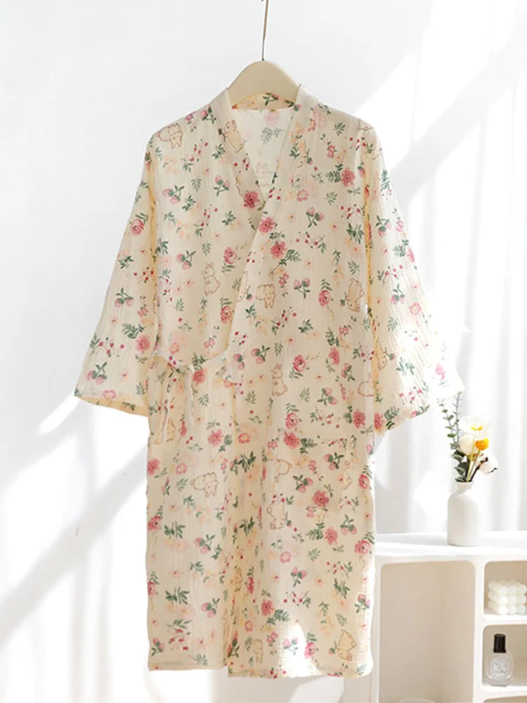 

Nightgown women's Summer Cotton Gauze Kimono Spring And Autumn Book Japanese Home Wear Japanese Bathrobe Pajamas All Cotton