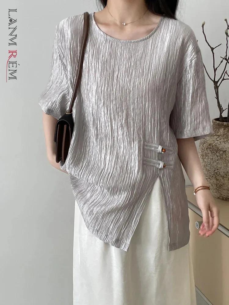 LANMREM Chinese Style T-shirt For Women O-neck Solid Color Side Rivet Split Design Tops Versatile 2024 Summer New 2Z1650