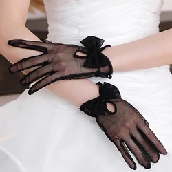 Women Bow Short Gauze Gloves Black Transparent Sexy Lace Hollow Tulle Gloves Bridal Wedding Dress Accessories