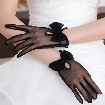 Gants courts en gaze avec nœud pour femme, dentelle transparente noire, tulle creux, gants sexy pour patients, accessoires de robe de mariée